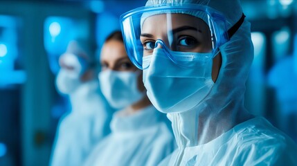 A group of people wearing protective gear in a hospital room