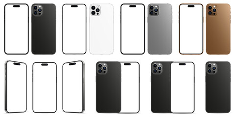 New iPhone 16 Pro, set in different colors. Mockup screen front view iphone with white screens and back side phone.