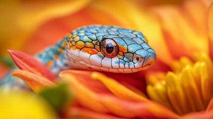 Fototapeta premium Close-up of a colorful snake among flowers
