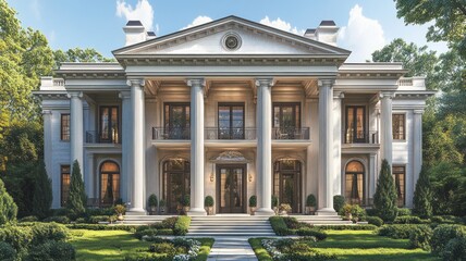 Elegant mansion with classical architecture and landscaped gardens.