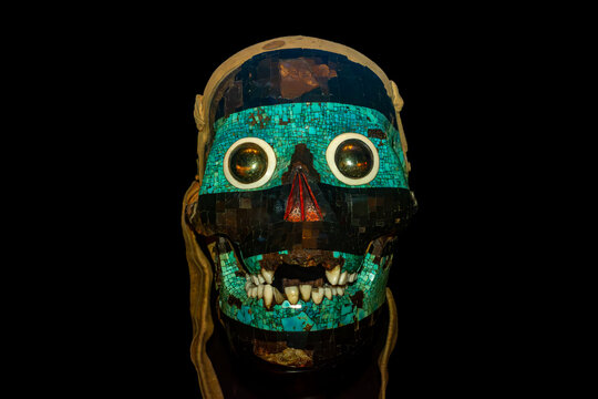 Turquoise mosaic Aztec mask (Tezcatlipoca) from Mexico in British museum, London, UK