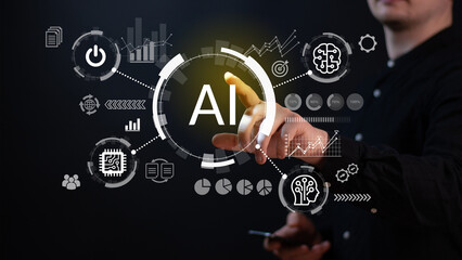 AI concept with young man touching on virtual dashboard.Automation concept.Machine learning, Big data network and innovation .New technology trends.