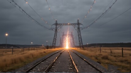 A high voltage power line crackles with voltage sending sparks in all directions