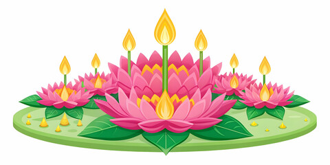Flat Vector Illustration of Loy Krathong Festival with Exquisite Lotus Flowers - Symbolism and Beauty on White Background