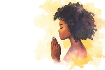 A stunning Black woman with curly hair is praying, her hands together and closed eyes displaying peace on a white background.
