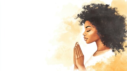 A stunning Black woman with curly hair is praying, her hands together and closed eyes displaying peace on a white background.