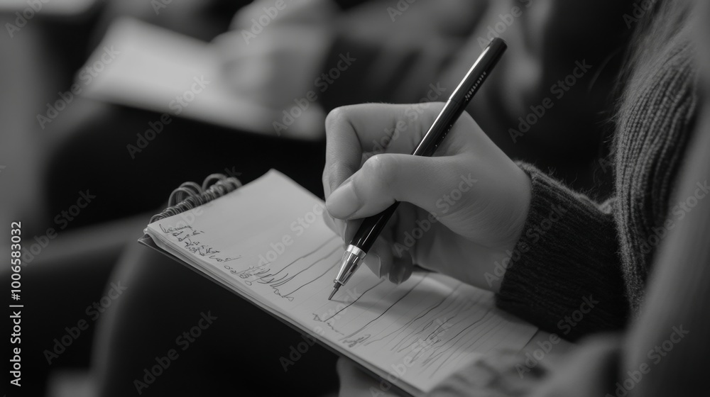 Poster student taking notes during a lecture in black and white