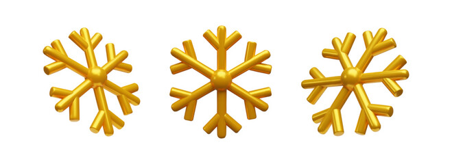 3d render set of gold snowflake. Three-dimensional Merry Christmas collection decoration. Vector illustration for New Year holiday. Realistic ice weather crystal flake shape. Metallic Snow symbol