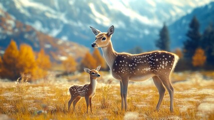 A deer and her fawn standing in a field with mountains in the background