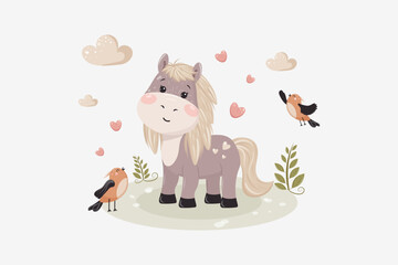 A cute children's illustration for a postcard, background, banner and more featuring a funny horse and birds. Vector design.