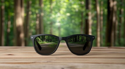 Black sunglasses showcase a serene forest reflection featuring green trees and pathways, emphasizing vision health and visual clarity in an appealing design