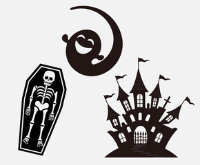 Big collection of silhouettes of Halloween. Horror set of Halloween sticker sketch set. Hand drawn doodle. Set of halloween and magic elements. Vector element