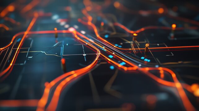 Abstract technological city map with glowing orange lines showing traffic flow