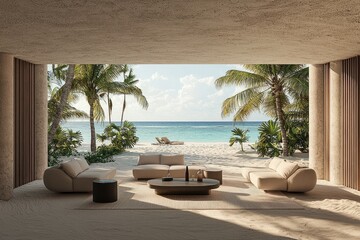 Obraz premium Tranquil beach house interior showcasing sleek furniture with a stunning ocean view framed by lush palm trees and sandy beach.