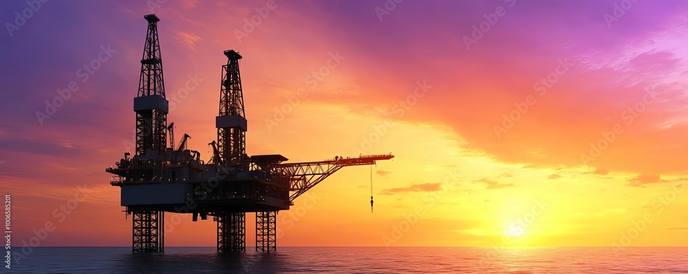 Wall mural Offshore drilling rig with cranes and machinery, large industrial structures towering over the ocean, peaceful sea below, sunset sky with brilliant orange and purple hues