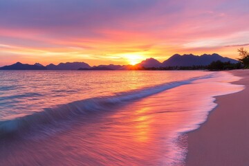 The golden sunset shines on the beach, with waves lapping at the shore. Soft light illuminates the sandy sea surface.