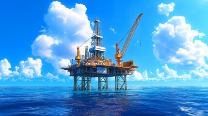 Large offshore platform in the middle of the ocean, surrounded by calm waters, deep blue skies and puffy white clouds above, industrial equipment bathed in soft light
