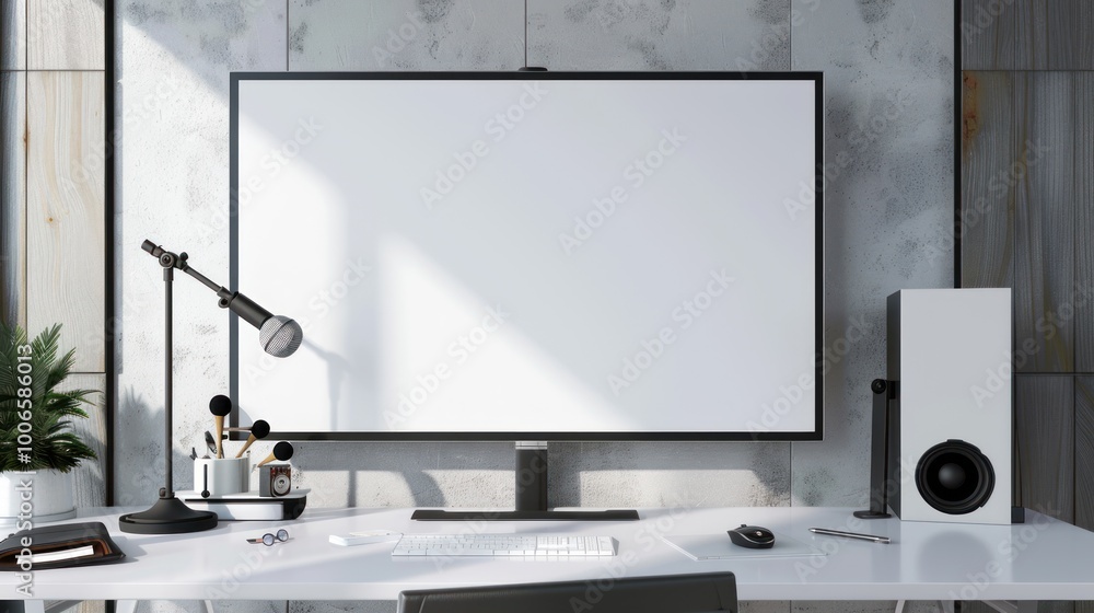 Poster Modern Minimalist Workspace with Blank TV Screen