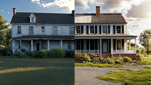 A dilapidated house is transformed into a beautiful home with a new roof, paint, and landscaping