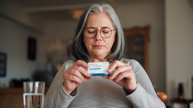 A middle age woman reading medication instructions at home during the day, seated at a table with a glass of water nearby - examines, focuses intently medication packaging