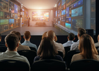 Audience in the conference hall or seminar meeting with large media screen showing video presentation of business