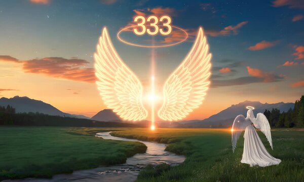 A majestic angel with glowing wings stands in a field with a river and mountains in the background. The number 333 shines in the sky above.