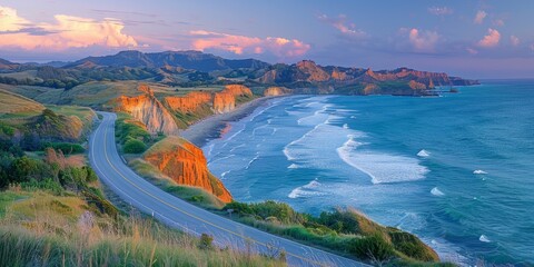 Scenic coastal road with cliffs, rolling hills, and ocean waves at sunset