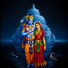 Lord ram and sita in ayodhya, Hindu god, Indian culture. Fantasy night lighting, perfect art.
