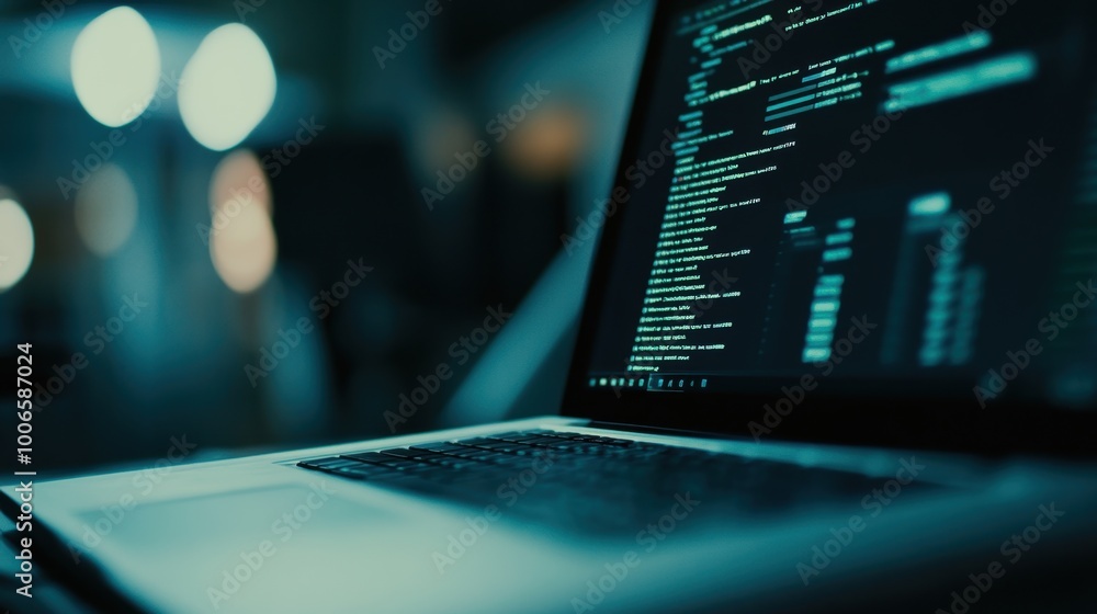Poster laptop showing code running in a dark office environment