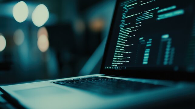 Laptop showing code running in a dark office environment