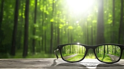 Black sunglasses showcase a serene forest reflection featuring green trees and pathways, emphasizing vision health and visual clarity in an appealing design