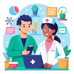Doctor and Nurse Team Working Together in a Medical Clinic, Showing Collaboration and Care. Vector art Illustraion 