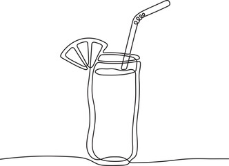 Continuous line drawing of glass of juice, smoothie with straw and lime piece, editable stroke