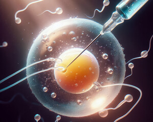 A human egg being injected with a single sperm using a fine glass needle IVF medical procedure involving in vitro fertilization. Concept of artificial insemination