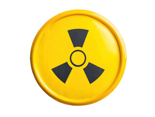 Fototapeta premium Warning sign with bright yellow background and black radiation symbol isolated white background, transparent background.