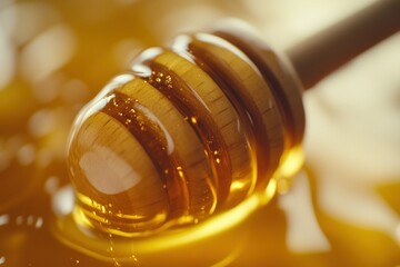 Close-Up of Wooden Honey Dipper on Golden Surface