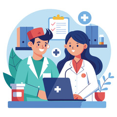 Doctor and Nurse Team Working Together in a Medical Clinic, Showing Collaboration and Care. Vector art Illustraion 