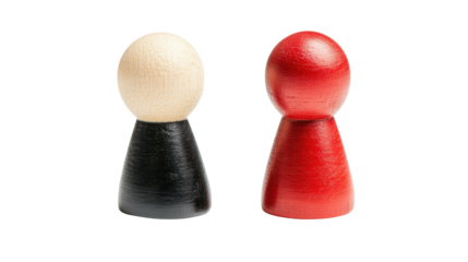 Wooden game pieces in black and red colors represent competition and strategy isolated white background, transparent background.