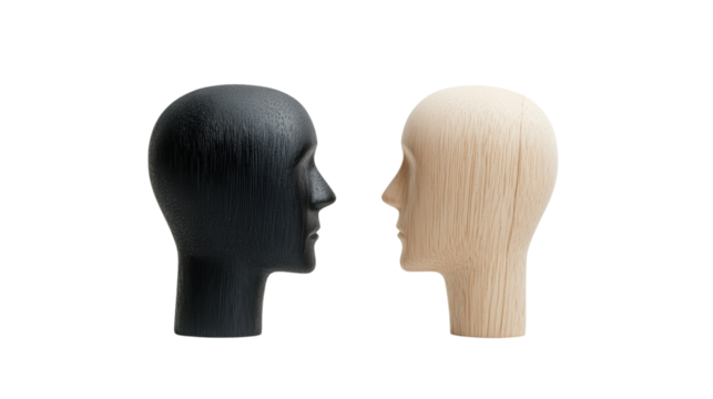 Minimalist black and white mannequin heads facing each other, symbolizing contrast and unity isolated white background, transparent background. - Powered by Adobe