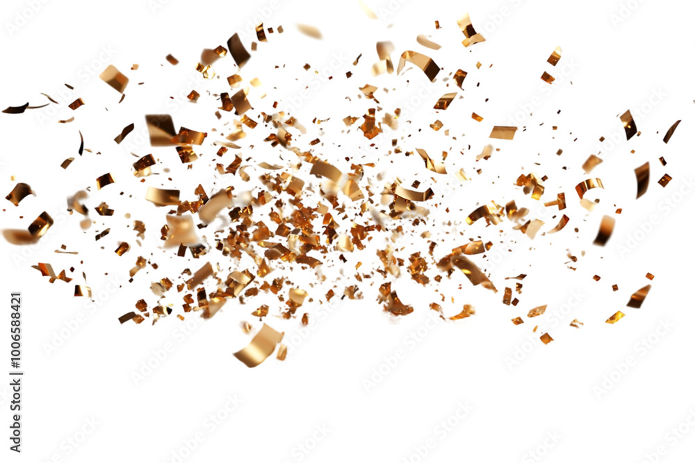 Poster golden confetti explodes on a transparent background