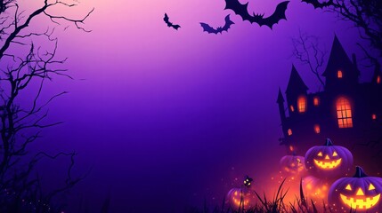 Glowing Halloween pumpkins in front of a haunted house with a purple sky.