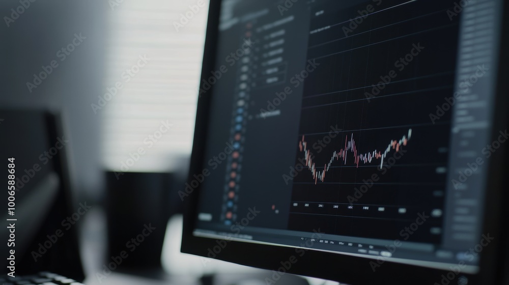 Poster computer screen showing stock market data visualizations in an office