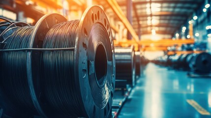 Spools of industrial wire and cable in a large factory, organized production line