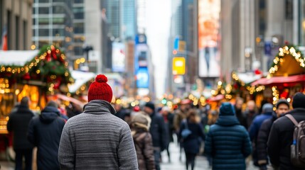 A bustling city street during winter, showcasing festive markets and a crowd of people enjoying holiday festivities.