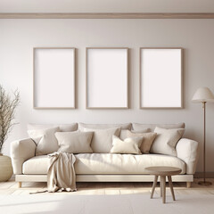 Living room interior mockup in beige colors with three frames