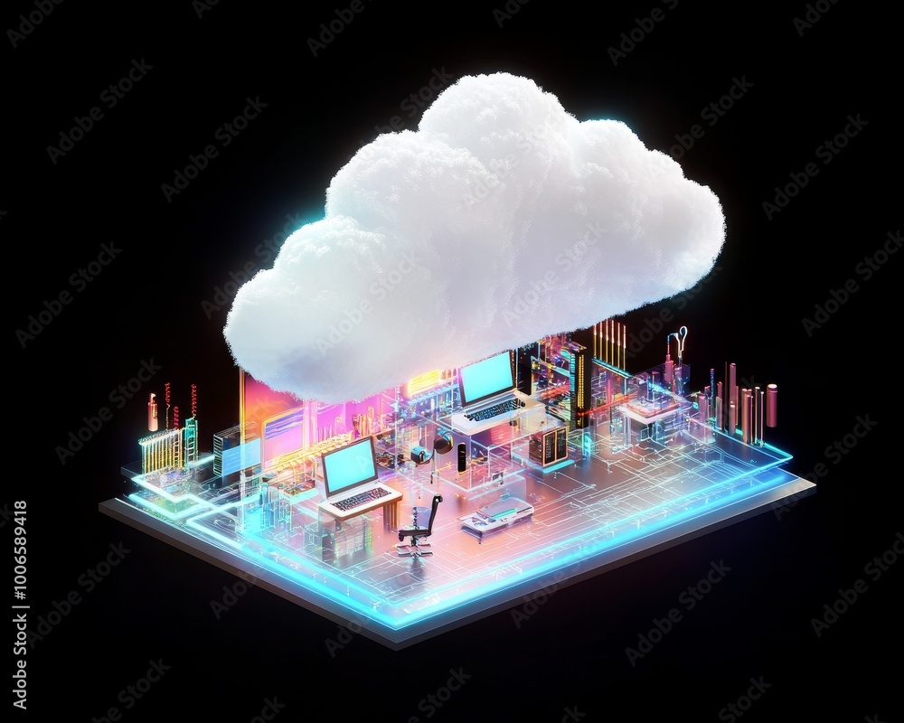 Poster a digital representation of a workspace integrated with cloud technology, showing computers, circuit