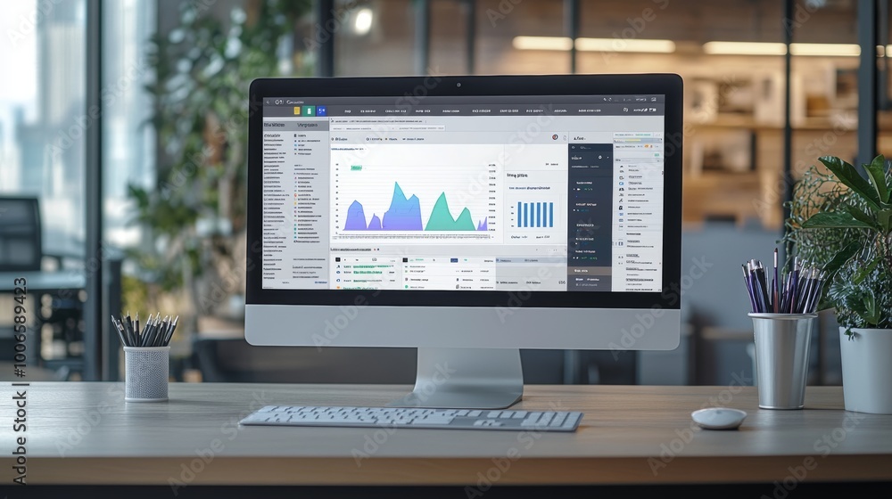 Poster a sleek computer screen displays analytics software, set in a modern office with plants, showcasing 