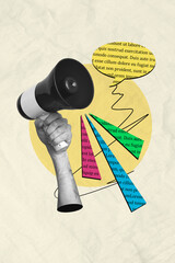 Composite trend artwork sketch collage of monochrome skin hand levitate hold huge loudspeaker...