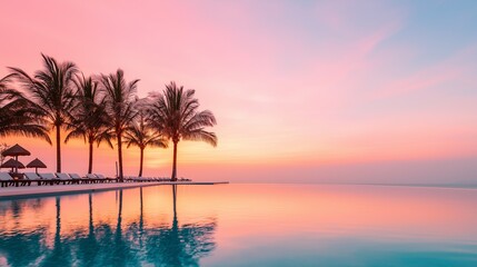 Fototapeta premium A serene sunset over a tranquil pool, framed by swaying palm trees and a vibrant sky, perfect for relaxation and escapism.