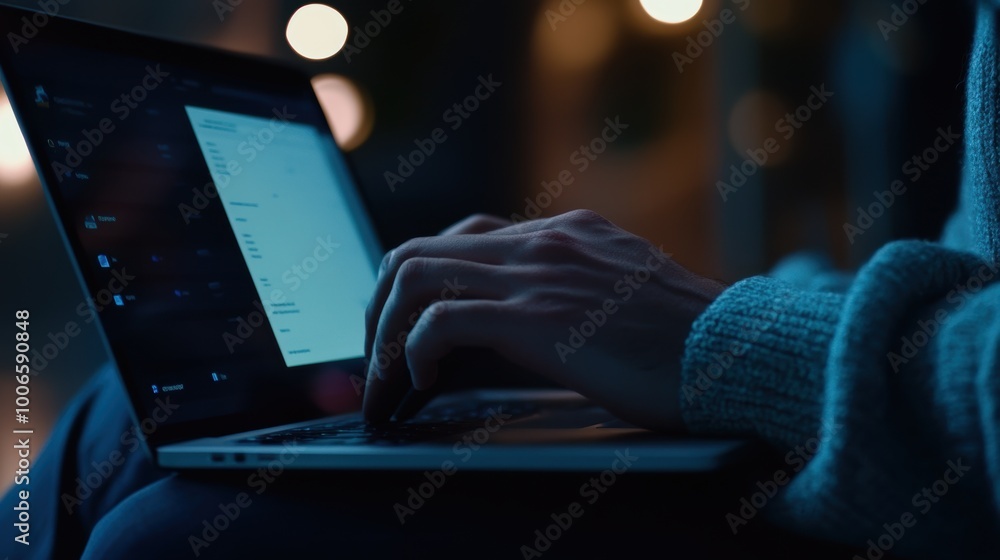 Poster programmer is working late at night, typing code on his laptop keyboard
